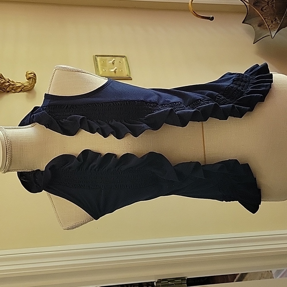 Pink Rose navy blue stretch ruffle vest polyester rayon S excellent condition …